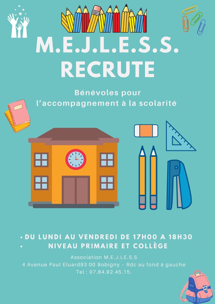 AMejless's tweet photo. Pour cette année lasso #mejless recherche des bénévoles pr le pôle accompagnement à la #scolarité #education #bobigny #assomejless @MC93Bobigny @villedebobigny @caf93_actus @inssd93 https://t.co/OQOdBGh1Ag