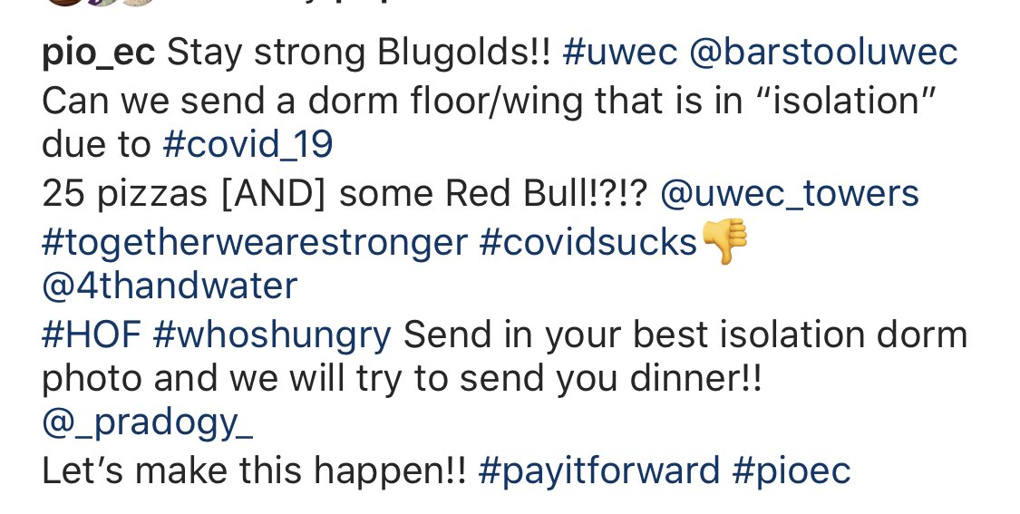 PioneerUwec's tweet photo. #pioec #senddinner @4thandWaterEC  is here to help!! What dorm wing needs dinner!! #COVIDー19 sucks! #Isolationpizza #uwec https://t.co/jbOfCxTWXH