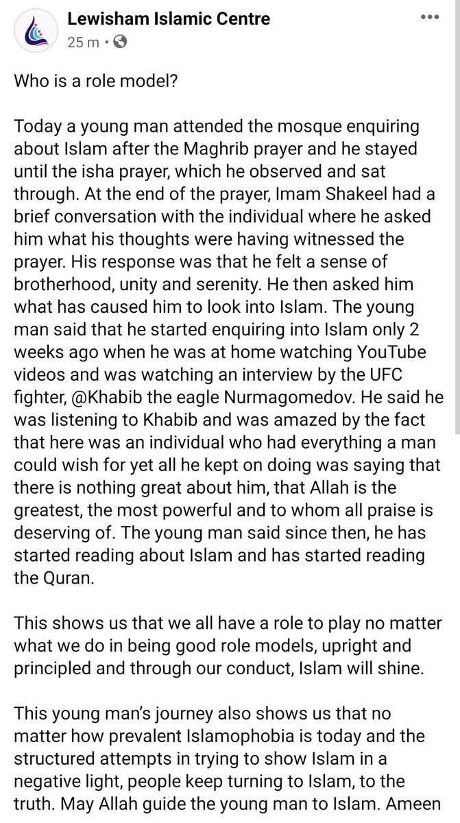 Pillar2PostUK's tweet photo. A story about a young man who visited @LewishamMosque to learn about Islam after hearing UFC Champion @TeamKhabib speak about his faith https://t.co/r0ZG6f5HgW