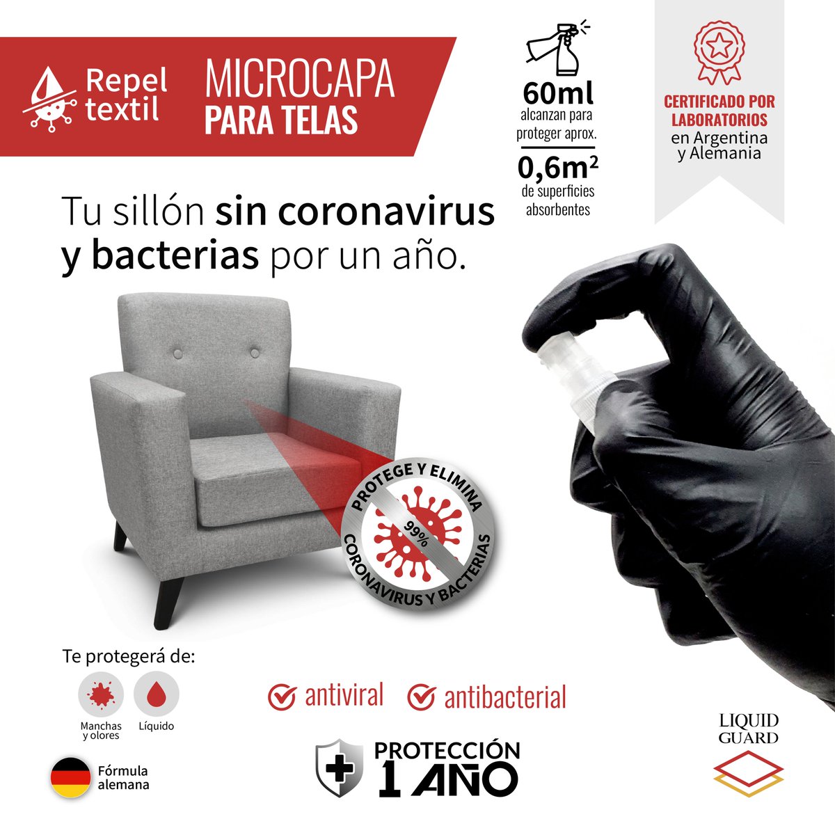 ¡Descubrí la máxima protección #antiviral! Con una aplicación, Repel Textil by Liquid Guard elimina virus y bacterias de sillones y todas las superficies absorbentes durante 12 meses o 15 lavados.

#antibacterial #protección #coronavirus