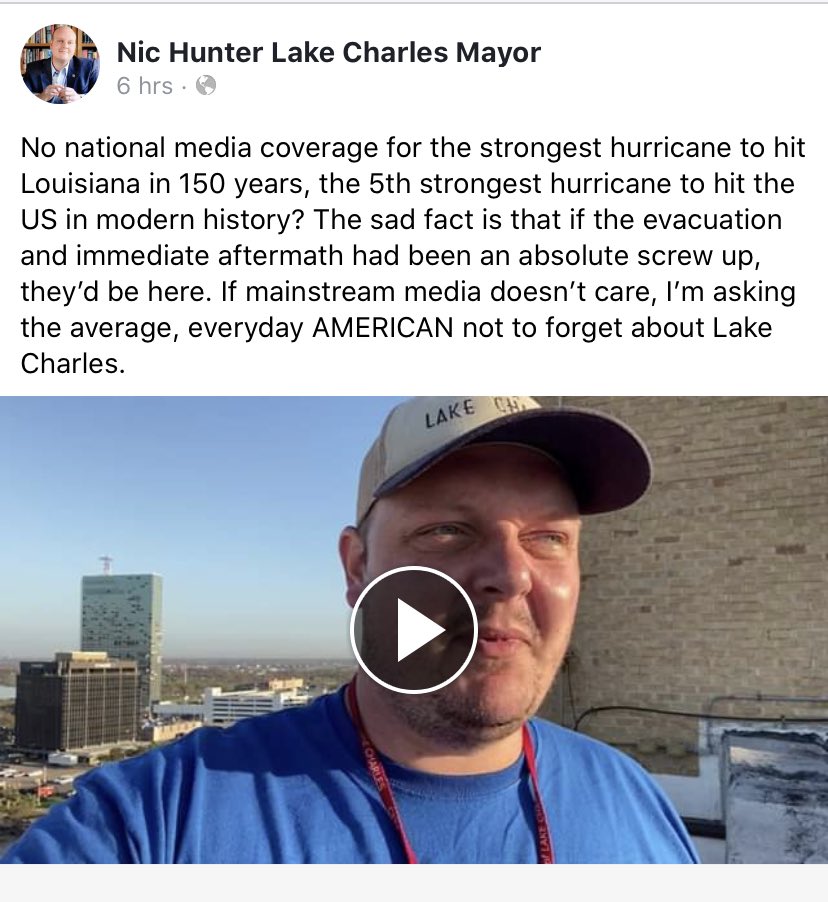 keithleger1's tweet photo. As #LakeCharles mayor says here, the #MSM is ignoring one heck of a humanitarian story that includes destruction, suffering, resilience, charity, cooperation, heroism, volunteerism. @CNN @FoxNews @NBCNews @CBSNews @ABC @NPR @MSNBC https://t.co/XytptBu6bt https://t.co/cK6gO11dA6