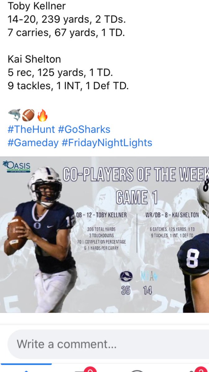 TobyKellner's tweet photo. Hoping to continue into week 2!! @SharksOasisFB @oasisfootball @79f3540c7f8a4ad                        https://t.co/wY02i9at64 https://t.co/kWIv070fyV