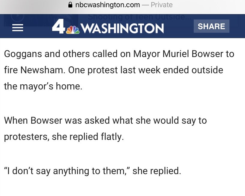 DMVBlackLives's tweet photo. .@MayorBowser quote for #DCProtestors and our Core Organizer quote about @MurielBowser  #BowserDontKeepUsSafe #WeKeepUsSafe #DefundMPD #BlackLivesMatter #FireNewsham https://t.co/AqzatGJnBM