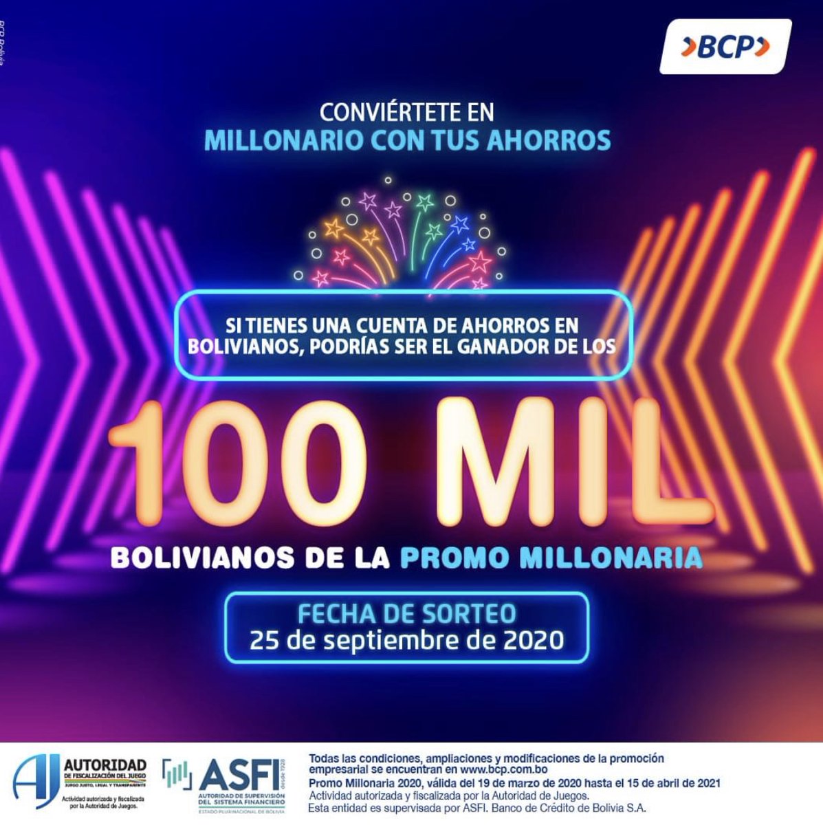 Si tienes una cuenta de ahorros en bolivianos con un saldo igual o mayor a Bs 100 puedes participar del sorteo de la Promo Millonaria que este 23 de septiembre regalara Bs. 100 mil.