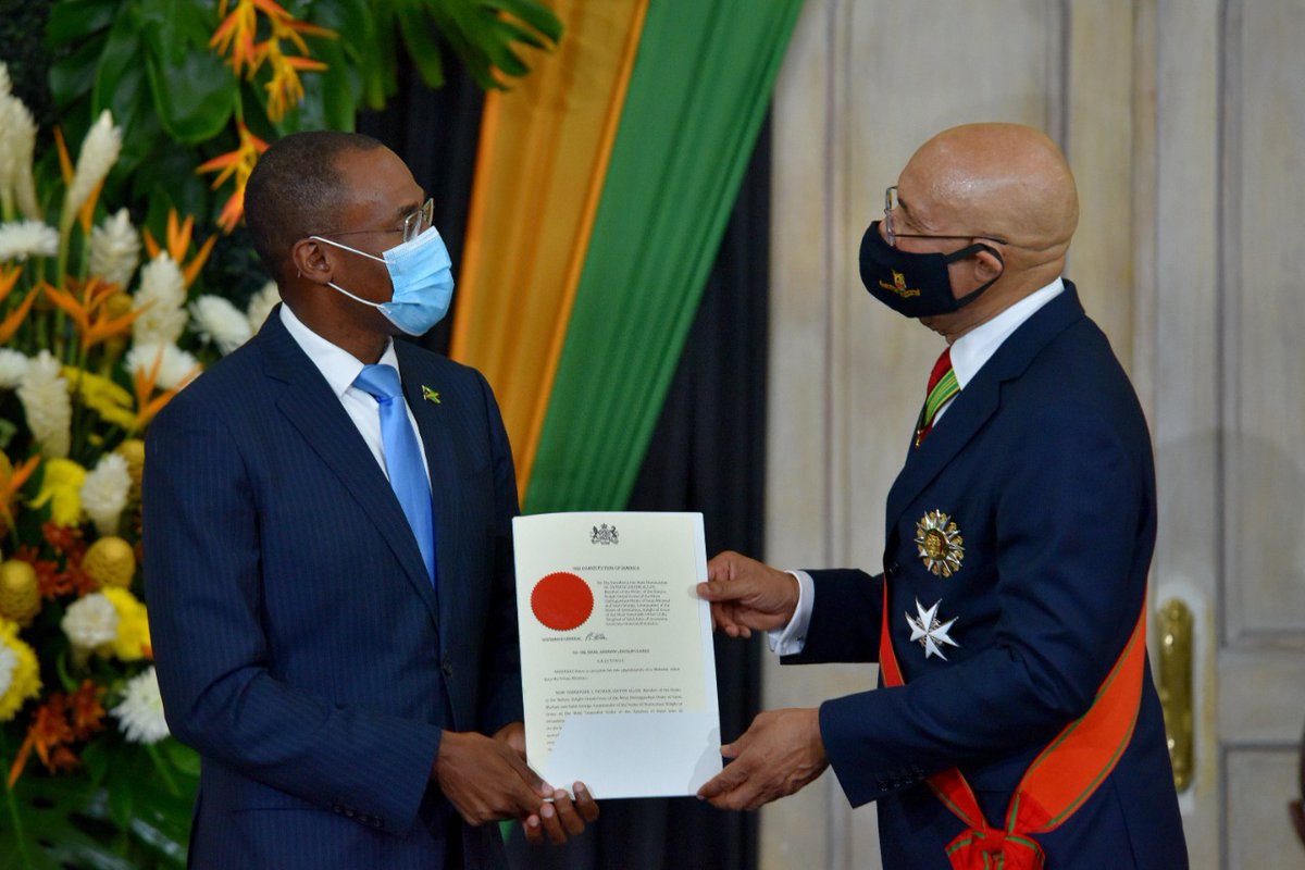 honbrogadjm's tweet photo. Dr. the Honourable Nigel Clarke, MP, being sworn in as Minister of Finance and the Public Service. #Mosthonbrogad https://t.co/g1LtRAadnr