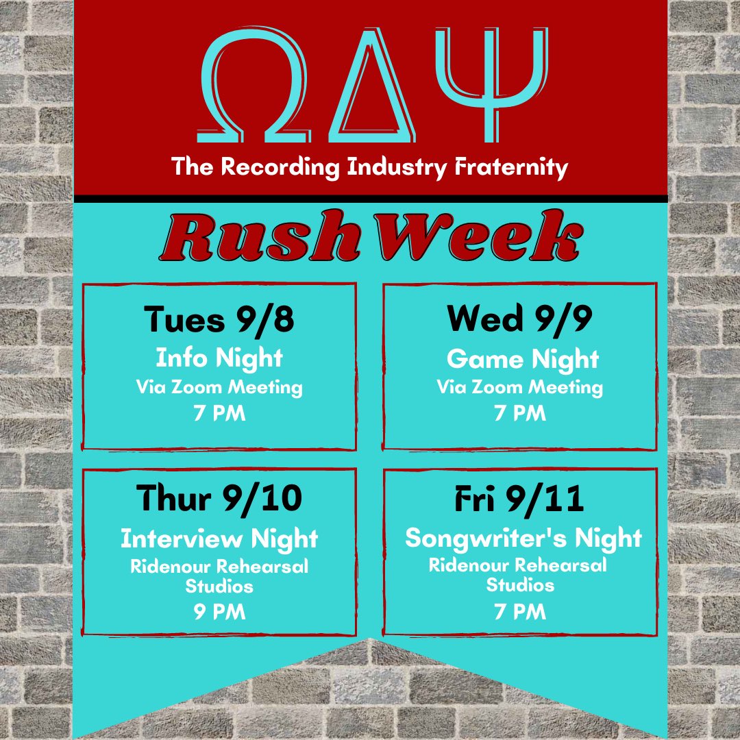 This week is rush week! 🎉
If you or a friend want to meet others interested in the recording industry, come to at least two events and become an official Omega Delta Psi prospect!
To get the Zoom links for the first two events, you can DM us or email omegadeltapsi@gmail.com