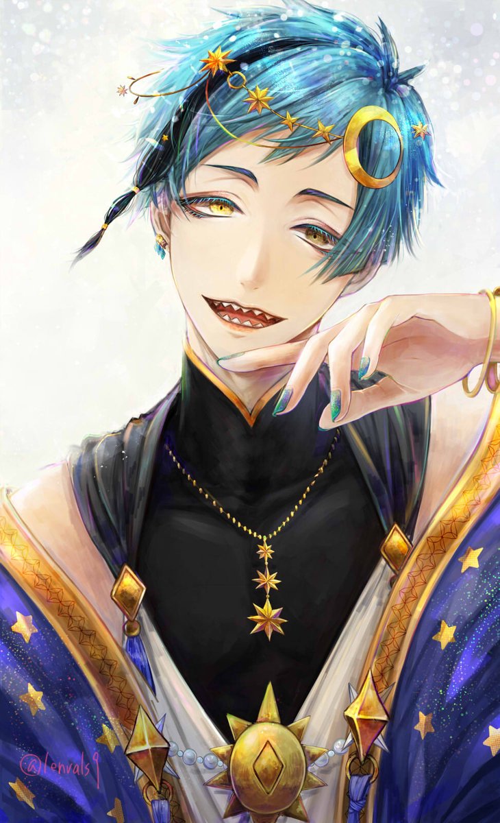 male focus 1boy jewelry yellow eyes sharp teeth blue hair solo  illustration images