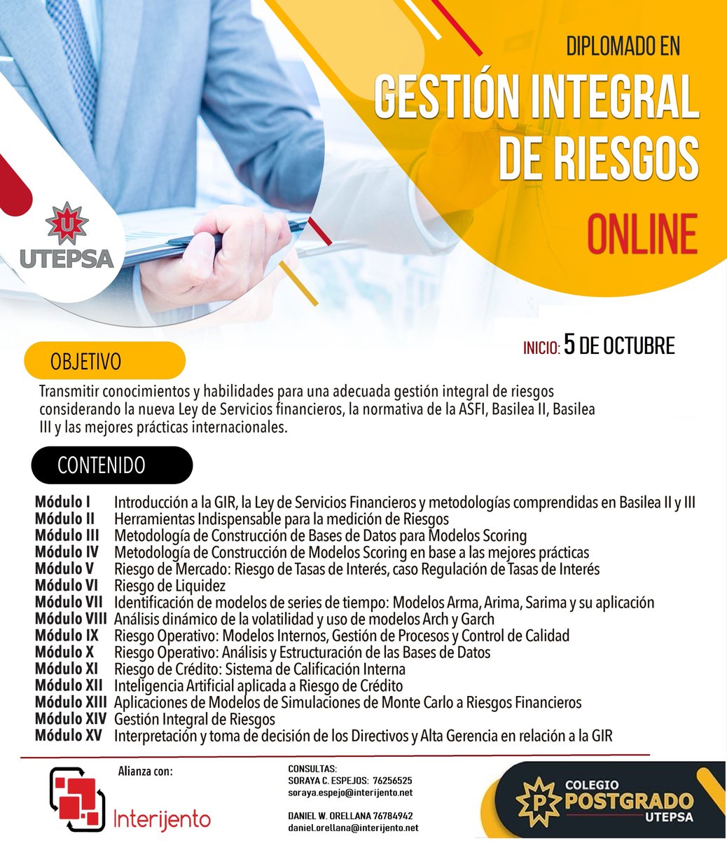 postgradoUtepsa's tweet photo. Una Alianza  con INTERIJENTO, un diplomado para gestionar el riesgo en el sector FINANCIERO. 
consultas en 76256525 o soraya.espejo@interijento.net
Descargue el contenido: https://t.co/6PESbWrOEM https://t.co/d55KFJO9oQ