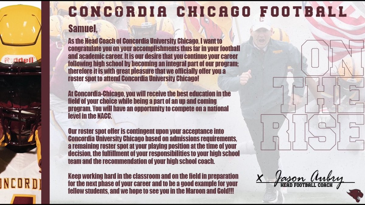 SamMcCrackenn's tweet photo. Blessed to have received my second offer from Concordia University Chicago! Thank you for the opportunity Coach Henning @CoachSeveCUC @CUCFBFamily ! https://t.co/cTKfkILeqm