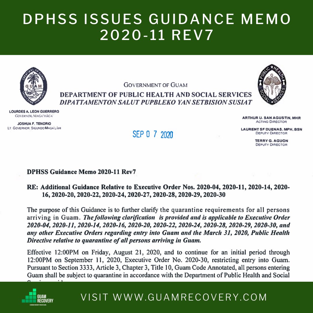 GuamRecovery's tweet photo. DPHSS issued Guidance Memo 2020-11 Rev7 relative to the quarantine requirements for all persons arriving in Guam. 

View the full Guidance Memo by visiting https://t.co/VgKNjfKOit . 

@dphssguam #GuidanceMemo
#GuamRecovery #DPHSS #Guam #Guahan #guamLife #VisitGuam #Guidelines https://t.co/LWnJeeiloT