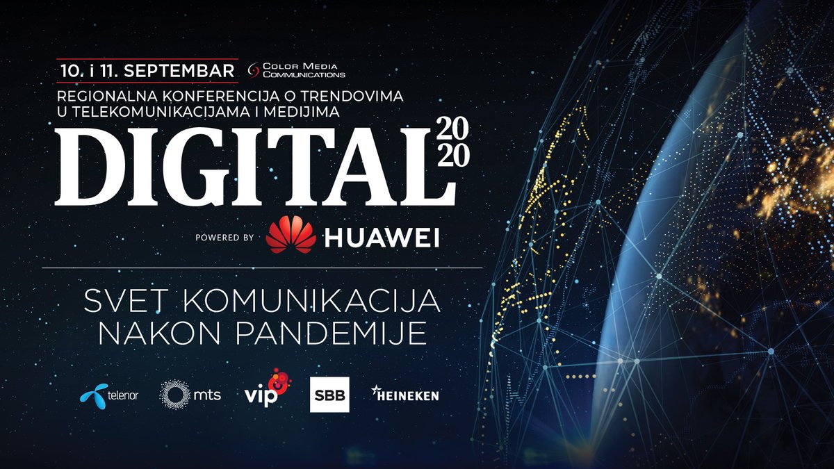 ColorMediaCom's tweet photo. Regionalna konferencija o trendovima u telekomunikacijama i medijima - DIGITAL 2020 powered by Huawei, održaće se online 10. i 11. septembra 2020. godine sa početkom u 10.00 časova.
Pratite nas online!
#Huawei  #TelekomSrbija #TelenorSrbija #Vipmobile #SBB  #HeinekenSrbija https://t.co/BoNpzZKMfO