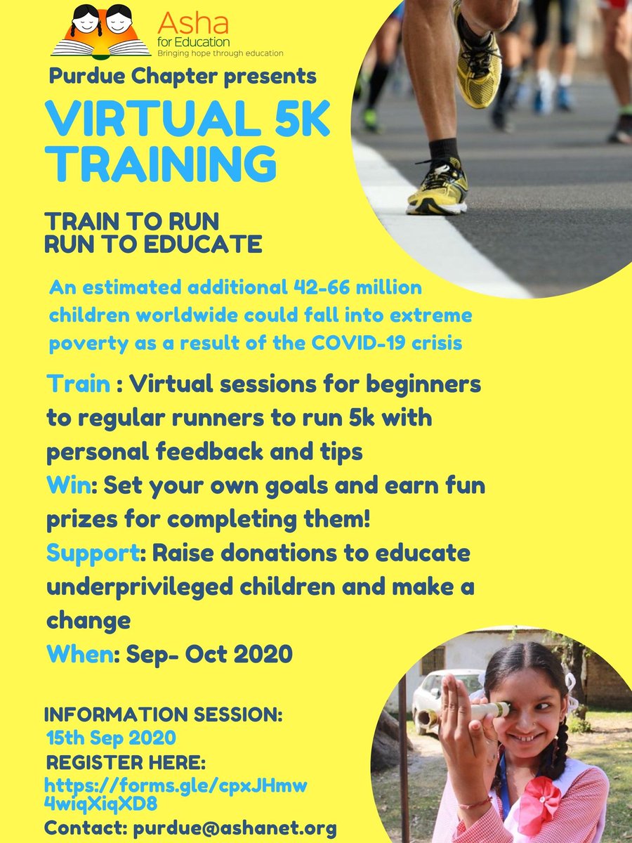 AshaPurdue's tweet photo. Bringing to you a virtual 5K training program! 😃
Train over a period of 1-1.5 months with a weekly training plan, warm-up exercises and feedback/tips through video sessions. Make a difference in the lives of children. 
Info session - 15 Sept 2020
Sign up https://t.co/mGZLsl0MOY https://t.co/cJOc9bTSQP