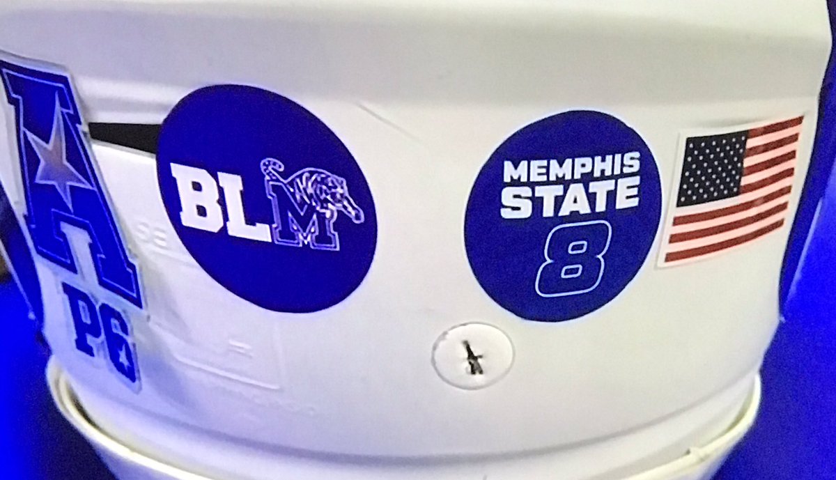 johnnydmemphis's tweet photo. Just watching the replay and I didn’t know @MemphisFB and @UofMEquipment added #MemphisState8 decals too! That’s awesome. https://t.co/GU3edTaEPO
