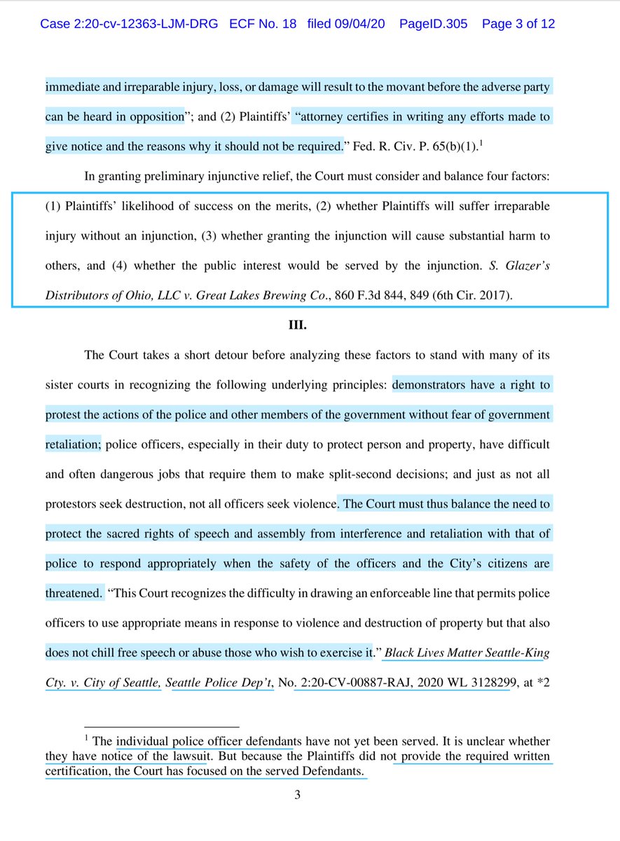 Late on 9/4/20 the Plaintiff’s TRO granted in partAs alleged:“.. police have responded to peaceful demonstrations with beatings, tear gas, pepper spray, rubber bullets, sound cannons, flash grenades, chokeholds, and mass arrests without probable cause” https://ecf.mied.uscourts.gov/doc1/097111526818