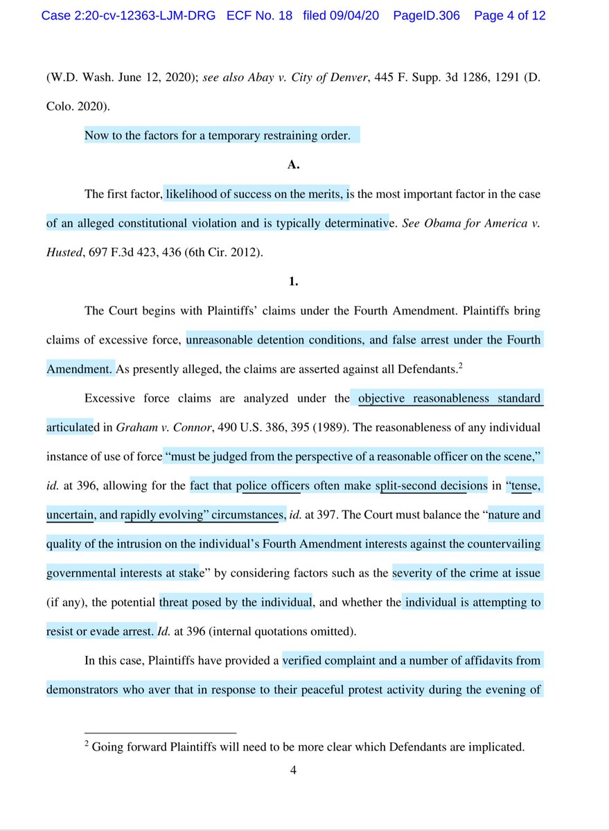 Late on 9/4/20 the Plaintiff’s TRO granted in partAs alleged:“.. police have responded to peaceful demonstrations with beatings, tear gas, pepper spray, rubber bullets, sound cannons, flash grenades, chokeholds, and mass arrests without probable cause” https://ecf.mied.uscourts.gov/doc1/097111526818