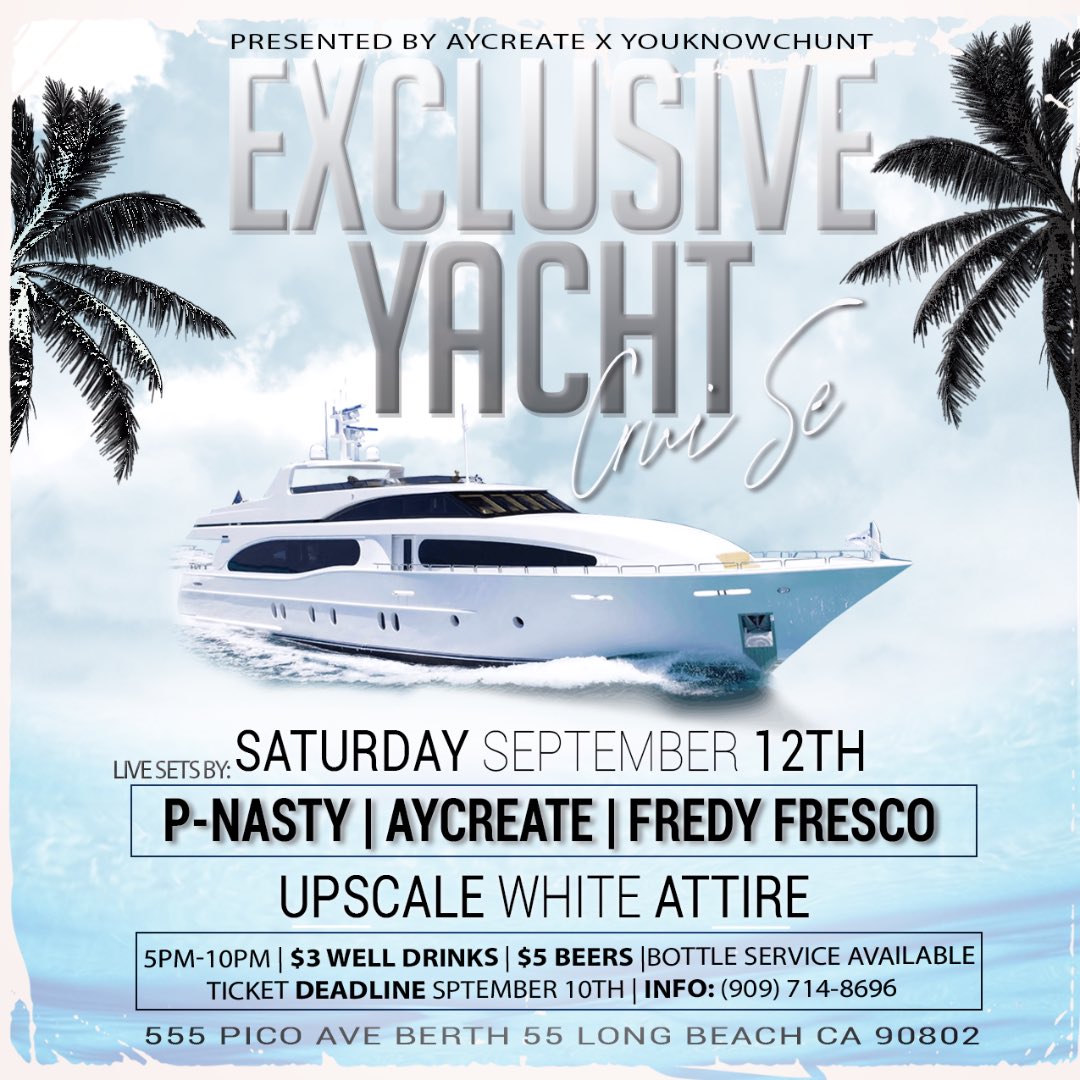 DjAycreate's tweet photo. I’m Having a Yacht Party THIS SATURDAY!!! Tickets available until Thursday! https://t.co/soJgBxhEtu