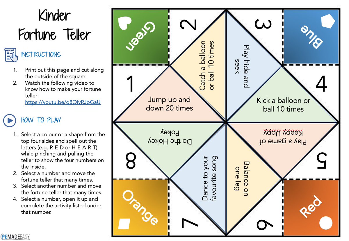 PEMadeEasy's tweet photo. 🌟 F O R T U N E - T E L L E R - O R I G A M I 🌟

With remote learning extended in Victoria, here is a fun, adaptable activity you can use with your students (and families).

Find out more and download here: https://t.co/sd6IZwsSwZ

#remotelearning #physed #pegeeks @PE4Learning https://t.co/uu7EO8bZhF