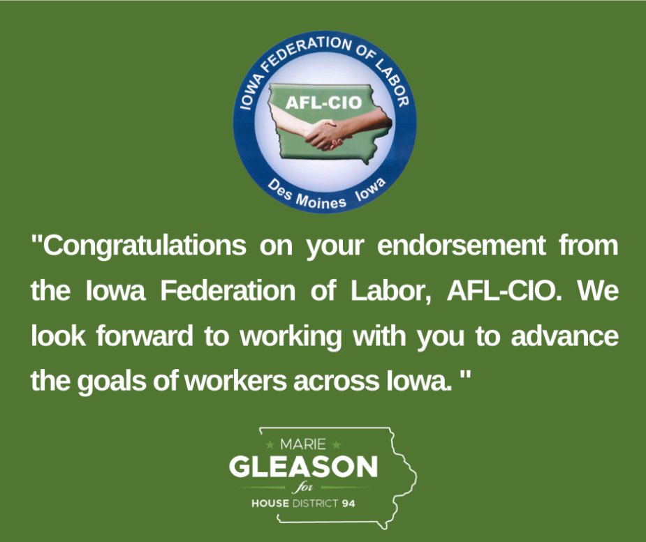 Gleason4Iowa's tweet photo. This Labor Day, we celebrate the hard-earned achievements of the Labor movement. I am proud to receive the endorsement of the Iowa AFL-CIO and look forward to standing with you in the statehouse as we fight for stronger unions and a better future for working families. https://t.co/5C3Yfsn2e9