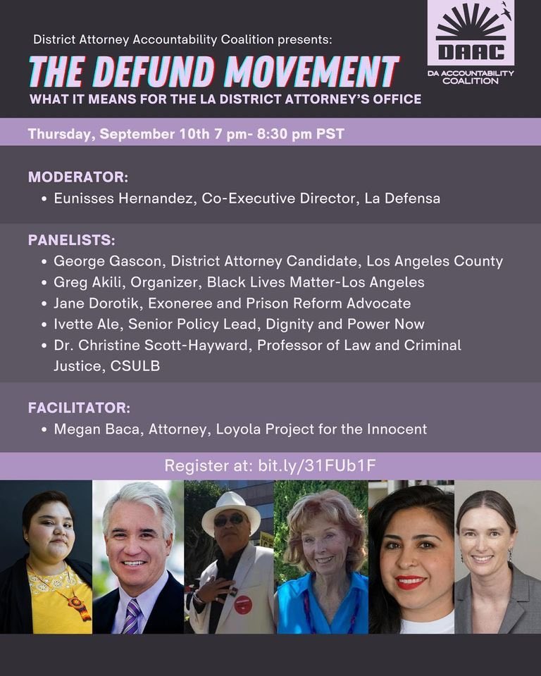 LA_DAAC's tweet photo. Defund...the District Attorney's Office?
Join us September 10th at 7pm for a discussion about the defund movement and the Los Angeles DA's Office! Register for FREE here: https://t.co/IWHPdBcvtM
#LADA2020 #JustDAforLA https://t.co/XG6e3Kd5gP