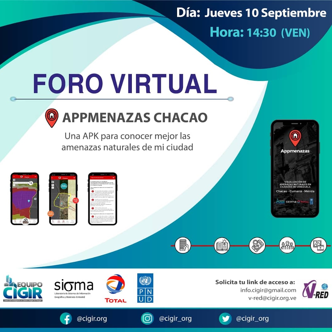 1er Foro de divulgación de una novedosa plataforma APPNAZAS CHACAO, para informar a nuestros vecinos de #Chacao sobre tema de riesgos sísmico e hídricos. 
Dia 10 septiembre 2:30 pm

Inscríbete:  n9.cl/cigir