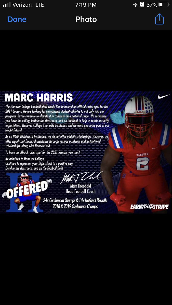 Harris22Marc's tweet photo. After a talk with @Coach_Jay53 I’m blessed to say I have received my 2nd offer from Hanover College. #UNCOMMON21
#STRIPESTANDARD
#PROTECTTHEH @NwGaFootball @88Gamecock @RecruitGeorgia @Rebel_Grind @SethKCain @GradickSports https://t.co/h8B5wC8Qye