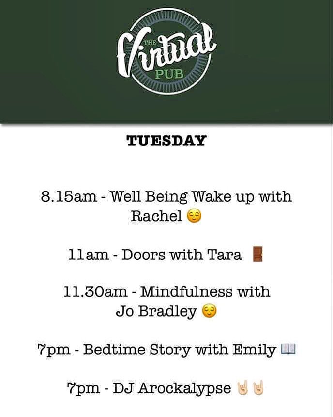 Tuesday @the_virtual_pub is looking like this!Join <a href="/tarasimms/">Tara Simms</a> when she opens the doors at 11am on our Facebook page thevirtual.pub #hopeinnmeltonmowbray #facebooklive #meditation #wellbeing #mindfulness #bedtimestory #dj #rockmusic  #peace #love #immunity #ourcommunity
