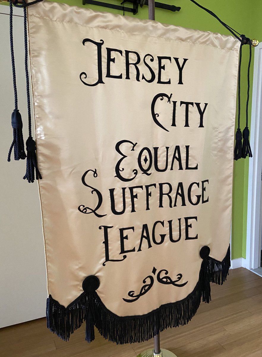 JCArtCulture's tweet photo. Hand stitched #suffragette banner by #jerseycity resident Megan Wagner to commemorate the 100th Anniversary of the passage of the 19th Amendment. Made exclusively for #AppleTreeHouse & its year of historical programming w/@njhumanities. Visit our website for updates! https://t.co/bdJVZaRScK