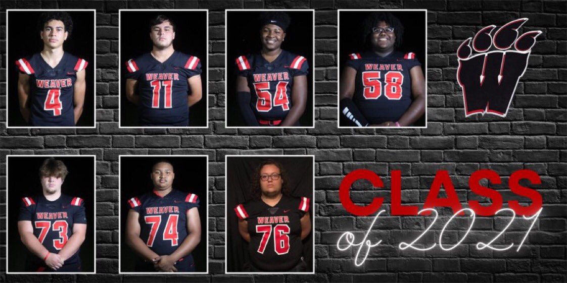 WeaverFootball's tweet photo. It’s Senior Week 🏈

We want to recognize Brendyn, Taylor, Jahmil, LaDre, Bailey, Tobias and Noah. Thank you for leading our team. Good Luck to the Class of 2021. Cherish every second you get to spend with your team and on the field. 🐾 https://t.co/i46UGeVPzw