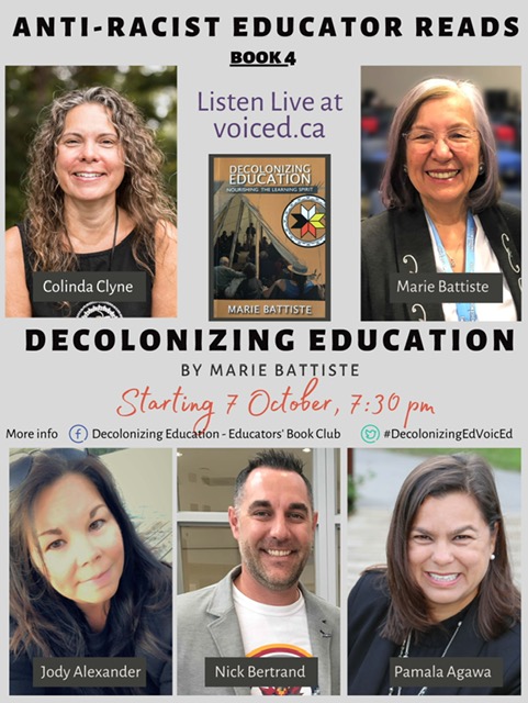 clclyne's tweet photo. Anti-Racist Educator Reads starts again 7 October with Marie Battiste's Decolonizing Education: Nourishing the Learning Spirit. Excited to be joined by this amazing panel, with special guests TBA. Order your copy now, &amp; stay tuned #DecolonizingEdVoicEd #IndigenousEd https://t.co/6SZC88OJwe