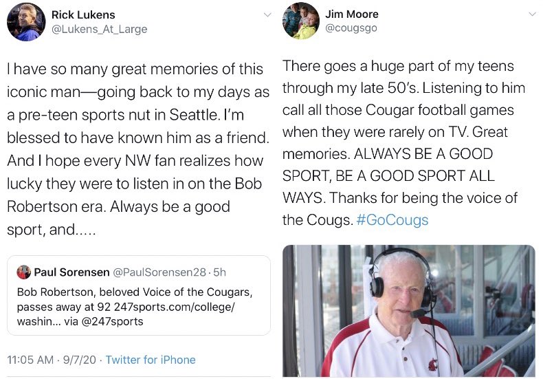 Alyssacharlston's tweet photo. Bob Robertson painted pictures and transported fans to games through radio for most of his life.
Incredible to see the influence he had on all these legends in the Northwest and beyond today. #RIPBobRob https://t.co/4D77T4aGJA