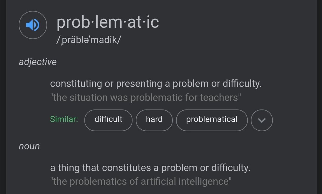 My "anon account" tweet seems to be really setting things off. I'm going to mute that thread and dive in. Feel free dive in too if you're interested.First, let's talk about what "problematic" means and doesn't mean. It means that it has problems within.../1