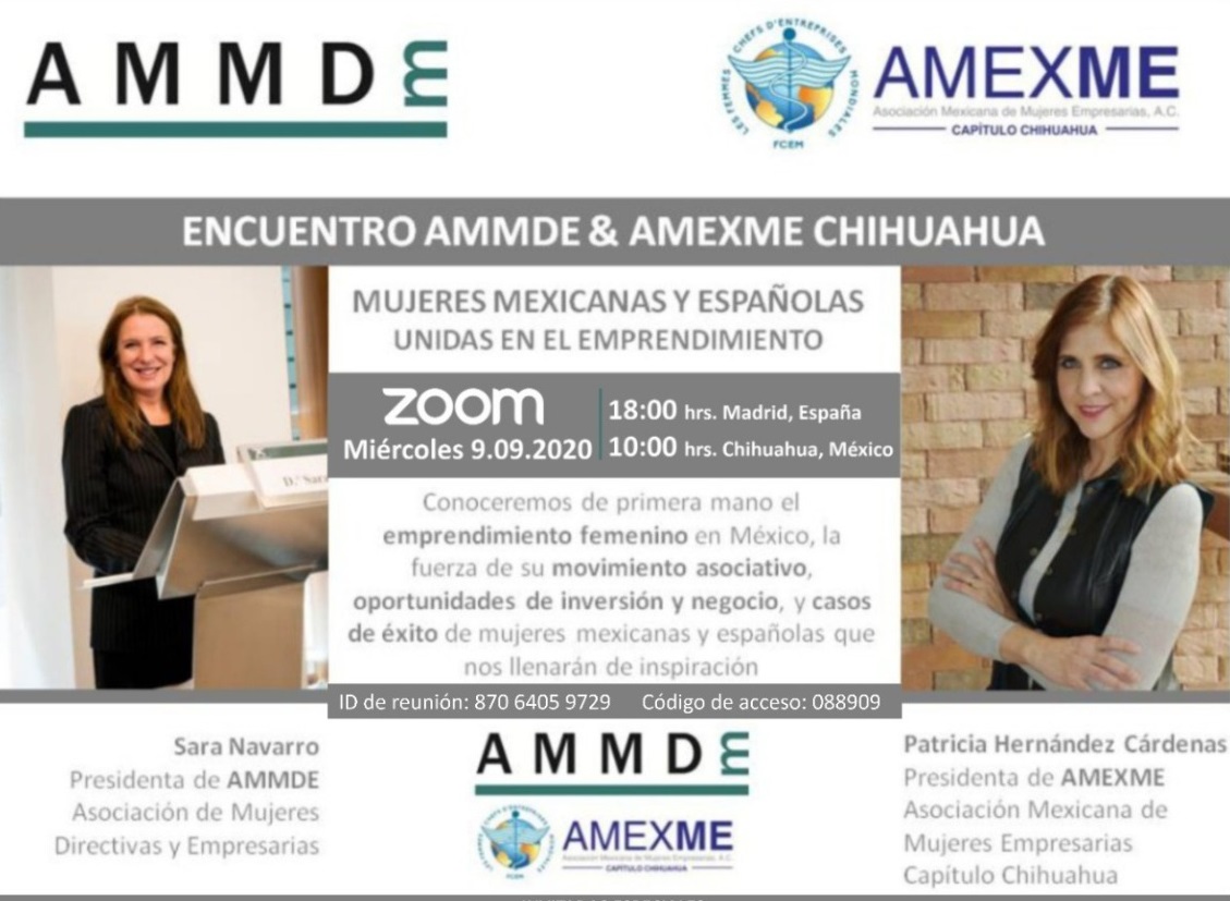diariosalir's tweet photo. AMEXME-AMMDE, encuentro online de Mujeres Empresarias de Chihuahua y Madrid el 9 de Septiembre 2020. “Mujeres Mexicanas y Españolas unidas en el emprendimiento”. 18.00 hora España/10.00 hora Chihuahua. Participa por Zoom, Enlace en: 
@AMMDE_ @amexme @diariosalir https://t.co/aHzz9BIO1N