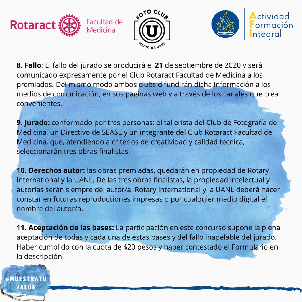 Rotaract_FacMed's tweet photo. Te invitamos a participar en el Primer Concurso de fotografía 📸“#MuestraTuValor” para celebrar el Día del Fotógrafo este 21 de septiembre.

¡Mucha suerte a todos! 
#RotaractFacMed #Rotaract20 #D4130 #Rotary #AbreOportunidades #SomosUNI #SomosVíboras #CRFacMed https://t.co/lX3FwtPTwo