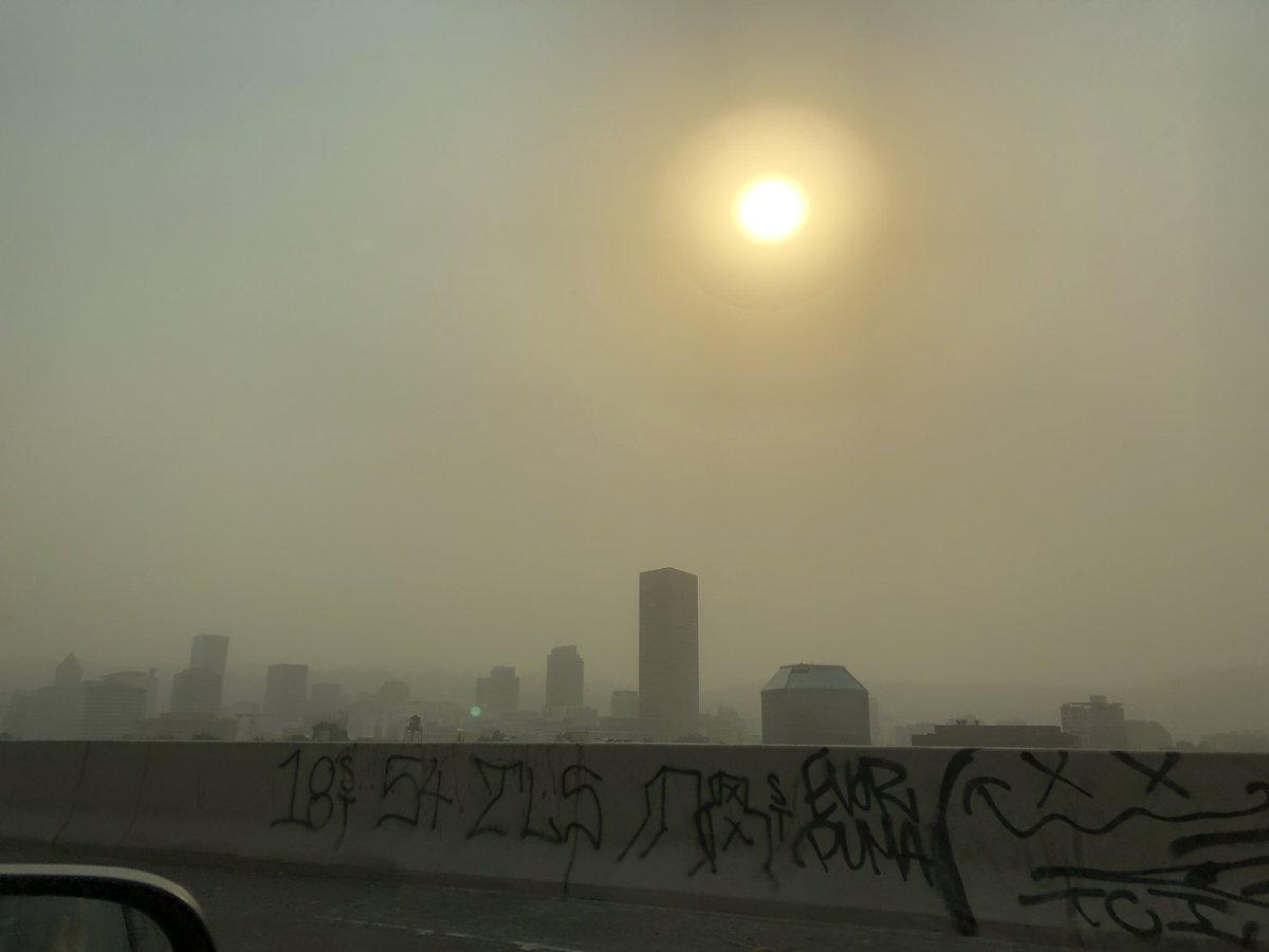 <a href="/NWSPortland/">NWS Portland</a> View of downtown Portland from I-84 on-ramp coming from I-5 southbound. Winds were gusting in NE, now just very smoky.