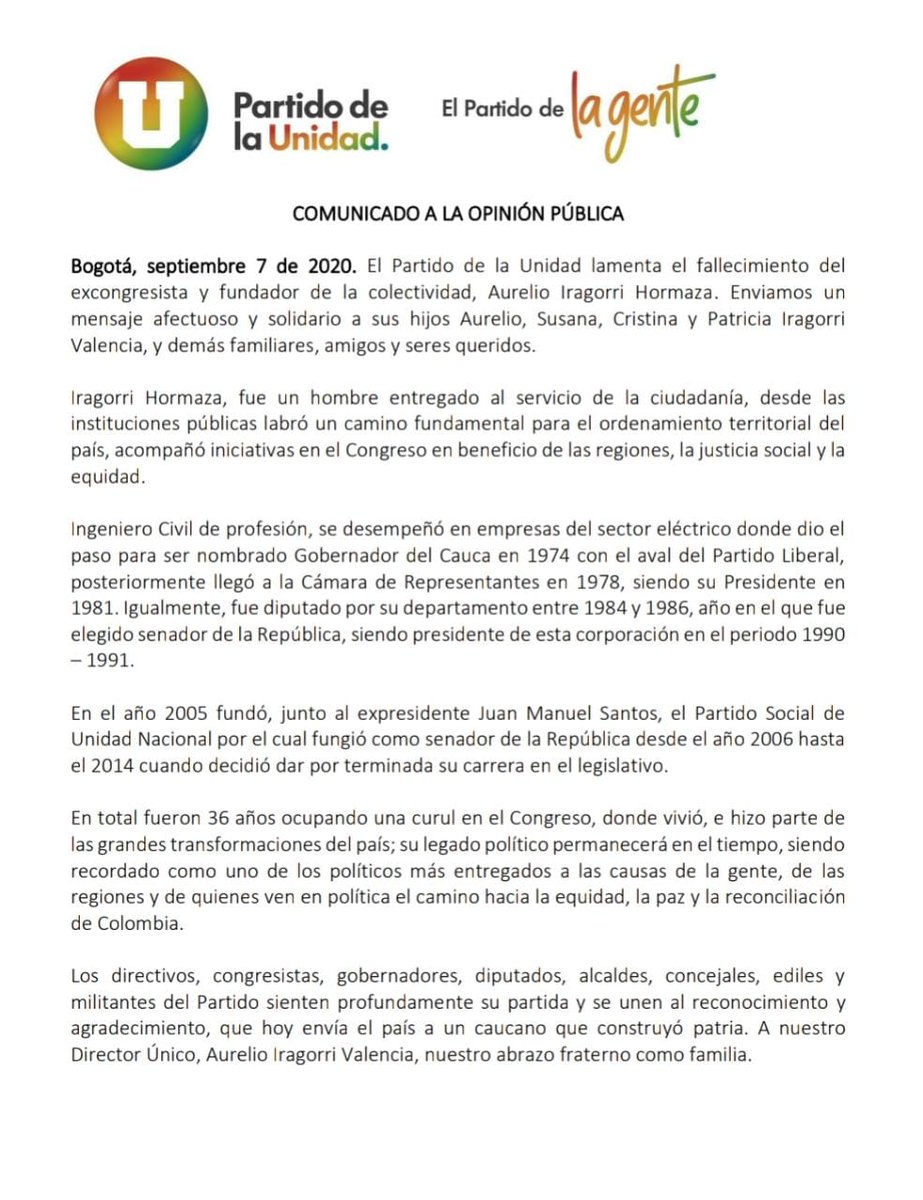 partidodelaucol's tweet photo. #ComUnicado | #AurelioIragorriHormaza | Lamentamos fallecimiento de nuestro fundador y excongresista Aurelio Iragorri Hormaza. Enviamos un mensaje afectuoso y solidario a sus hijos Aurelio, Susana, Cristina y Patricia Iragorri Valencia, y demás familiares, amigos y seres queridos https://t.co/DhpidTcDr6