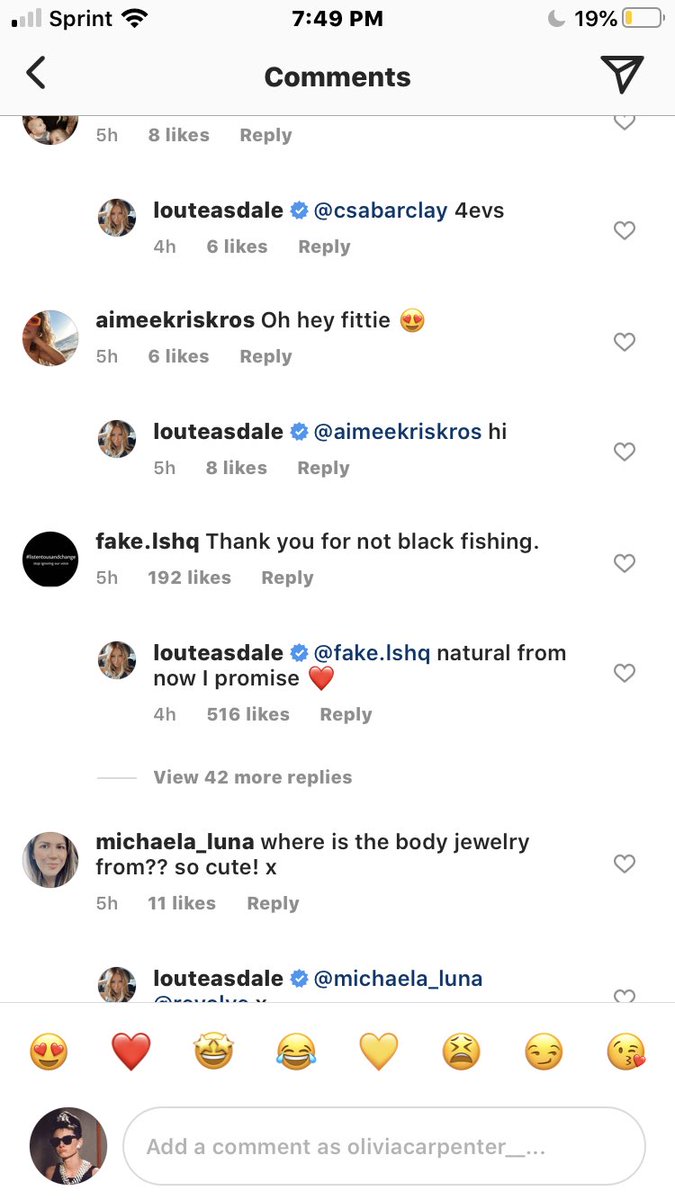the account named fake.lshq comments about black fishing and she responds (and ty lou for not black fishing). when you look at the account, it’s a complete larry account