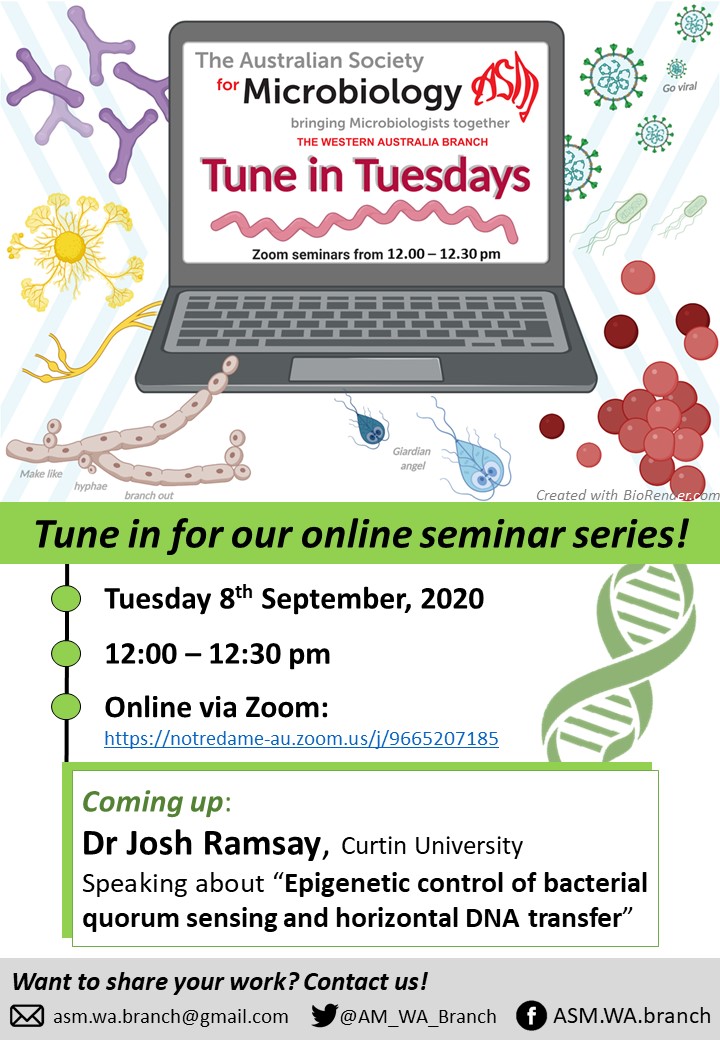 ASM_WA_Branch's tweet photo. ๐ขTune in at 12 noon (AWST)!
We are delighted to have @DrJoshRamsay from @CurtinUni speaking about #epigenetic control of how bacteria talk to each other and share DNA ๐งฌ๐ฆ
All welcome to attend (virtually) - link below!
#quorumsensing #DNAtransfer #bacteria https://t.co/iWThP3Gq8l
