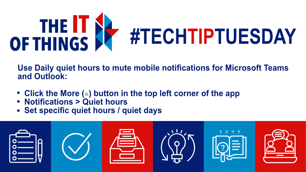 TheITofThings's tweet photo. #TechTipTuesday: Is remote work interfering with your work/life balance? Use quiet hours to mute distracting notifications in #microsoftteams and #Outlook.

#TechTips  #Office365 #MSTeams #WFH #remotework #titot https://t.co/TdHpddCxrX