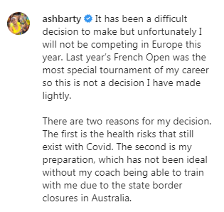 MarkGottlieb's tweet photo. World number one @ashbarty confirms she won't defend her #FrenchOpen title. Massive news. #Tennis https://t.co/UUaj5rqWx6