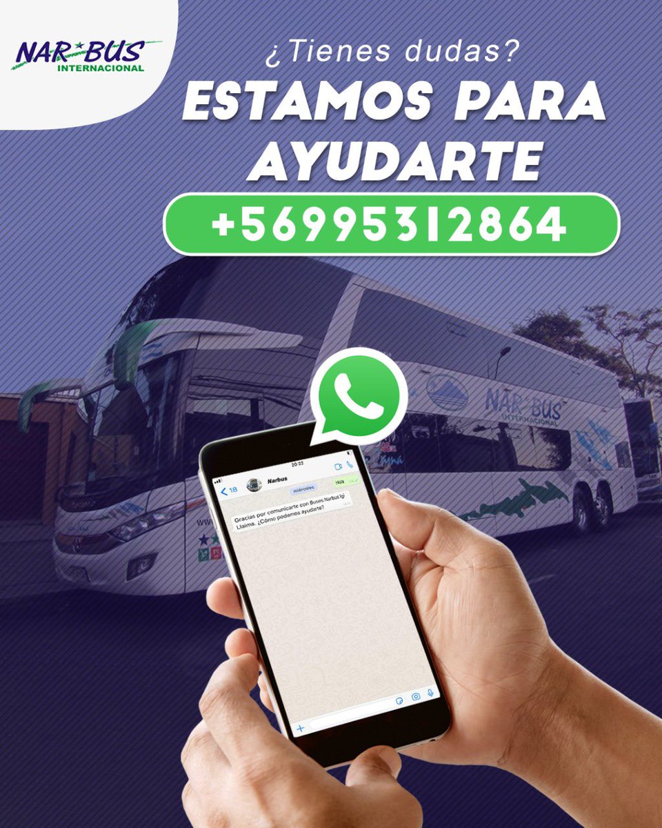 BusesNarbus's tweet photo. Hemos habilitado un número de WhatsApp para que puedas realizar tus consultas y resolver tus dudas. 

👉🏽 WhatsApp: +569 9531 2864

Horario de atención: 
Lunes a sábado, entre 9 y 22hrs. 

https://t.co/HCJ70Wglbn https://t.co/eN8kedFNZV