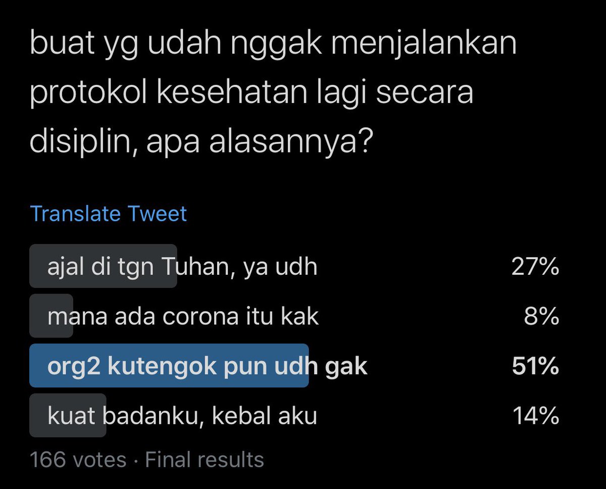 ikanatassa's tweet photo. Utk yg udah nggak menjalankan protokol kesehatan lagi, kutanya knp. Ternyata alasan terbesar itu krn orang2 yg dia liat juga udah nggak. Sedih sih bacanya, keputusan ttg hidup sendiri kok digantungkan sama org lain. https://t.co/j4L9eEdoIm