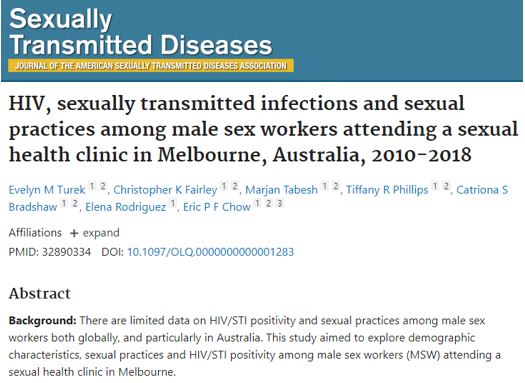 MSHCResearch's tweet photo. New publication by our MD student Evelyn Turek in @STD_Journal on #HIV, #SexualTransmittedInfections and #SexualPractices among male #SexWorkers attending a sexual health clinic in #Melbourne. #CondomlessSex #SexWork #STI
Read the full paper here: https://t.co/Rqv9OyCcvm https://t.co/JL7f3R02y3