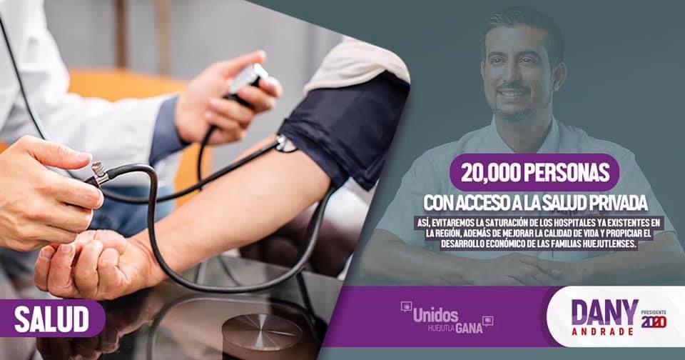 #UnidosHuejutlaGanaSalud

Apoyaremos a miles de familias para que tengan acceso a servicios de salud privada, con paquetes integrales que atiendan a personas de escasos recursos.

#Huejutla
#DanyPresidente
#VotaPESH
#Elecciones2020