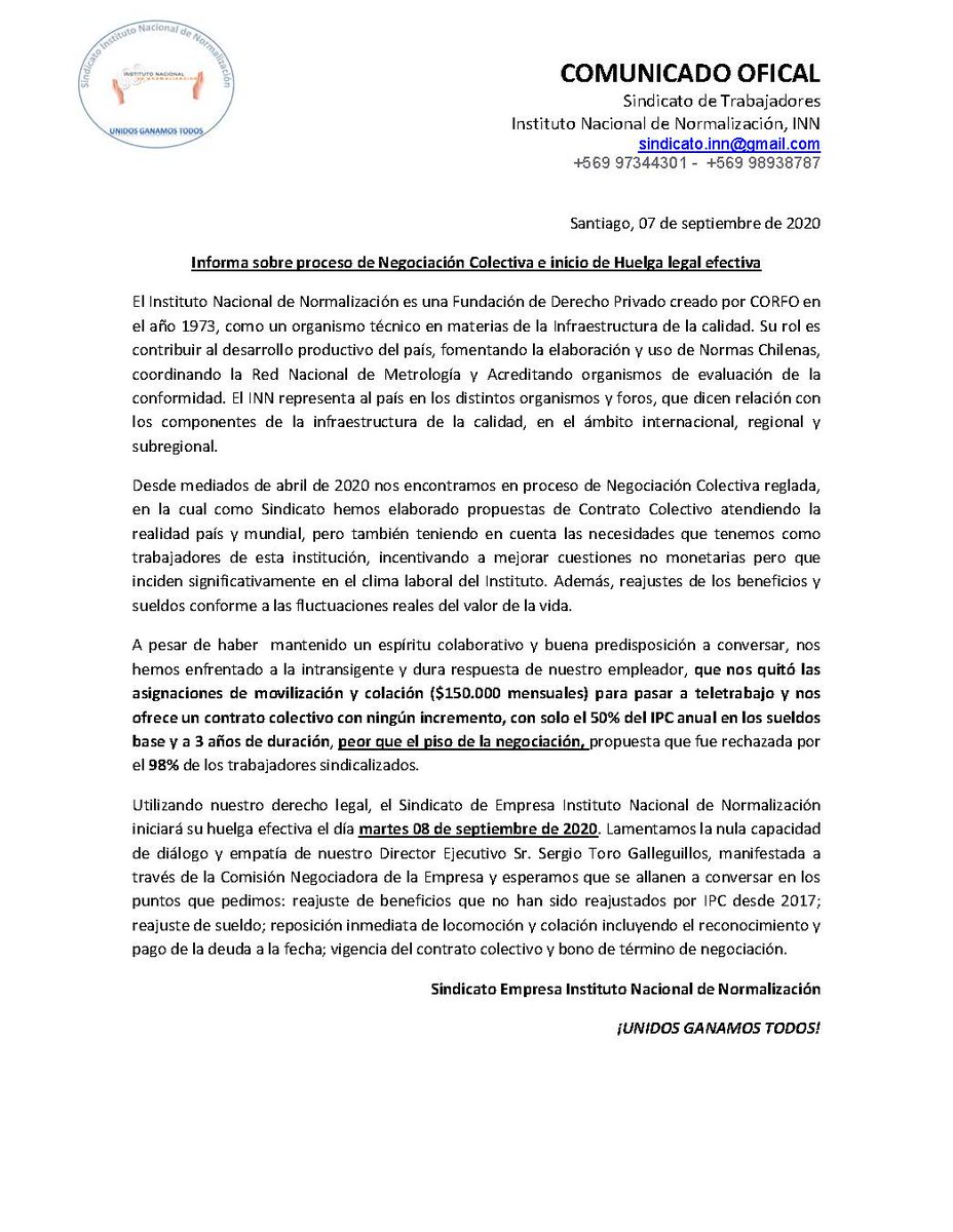Comunicado Oficial respecto de Negociación Colectiva Sindicato Empresa Instituto Nacional de Normalización, INN. Martes 08 sept se inicia huelga legal de manera indefinida 
CC <a href="/EconomiaSubse/">Subsecretaría de Economía</a> <a href="/ecarrasco_z/">Esteban Carrasco Zambrano</a> <a href="/Corfo/">Corfo</a> <a href="/Cutchile/">CUT Chile ✍️🗳</a>