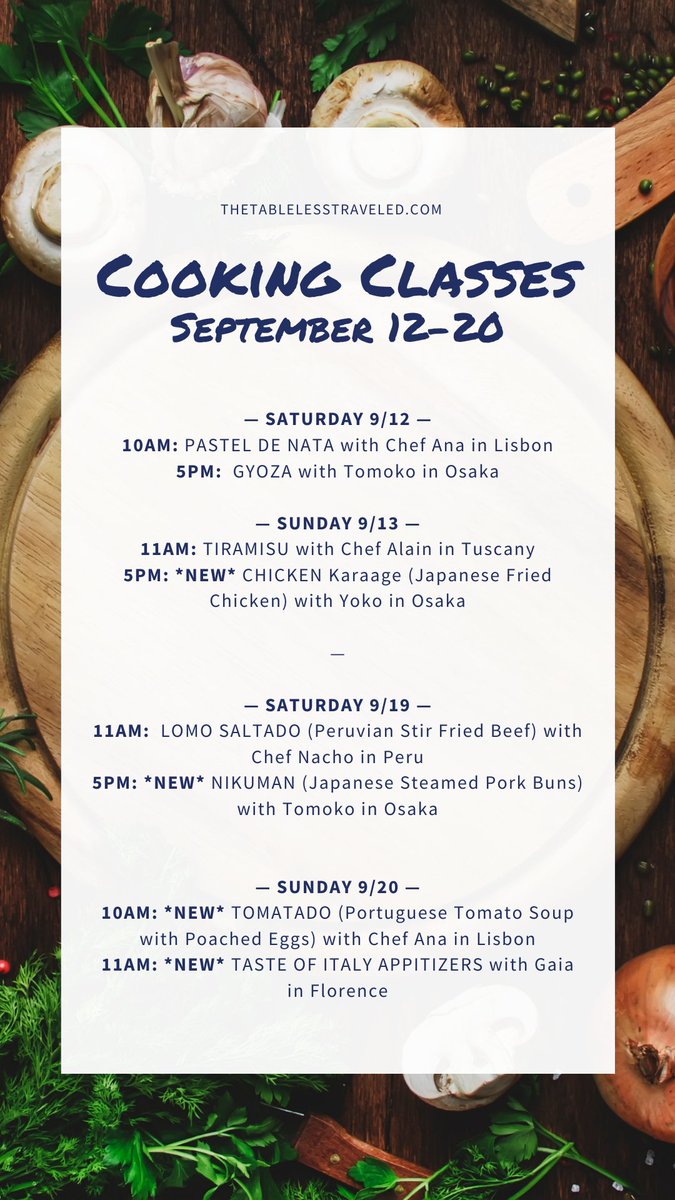 Take a look at some exciting NEW classes coming up in the next two weeks— plus a couple favorites are back on the schedule: Pastel de Nata, Tiramisu, and Lomo Saltado!

Check them out and start planning your weekend fun here: bit.ly/3267RTW