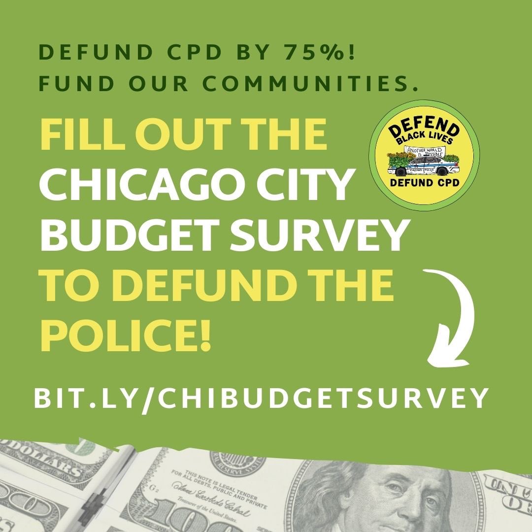 BlkAbolitionChi's tweet photo. 40% of the city budget goes to CPD while Black &amp; poor communities get told year after year there is no money to fund necessities like housing, healthcare, &amp; education. Take 5 min &amp; fill out this survey to tell the city that we want to defund CPD &amp; refund communities! #defundcpd https://t.co/PajbsLrkbl