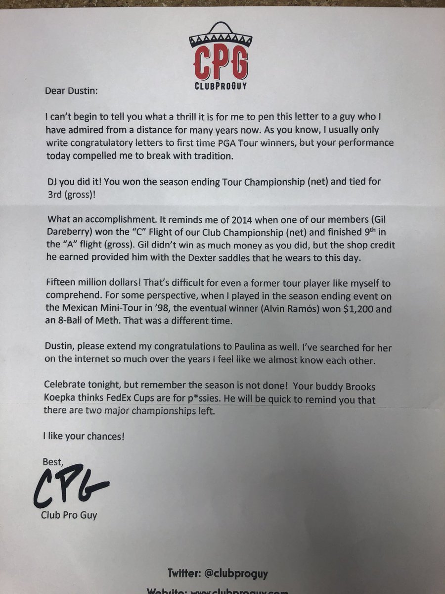 My congratulatory letter to #FedEx Champion <a href="/DJohnsonPGA/">Dustin Johnson</a>