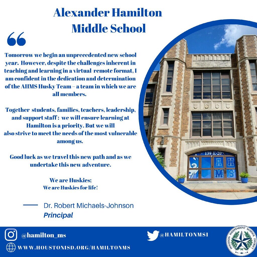 HamiltonMS1's tweet photo. A message from our principal. Un mensaje de la directora. #AHMSHuskies @Northwest_HISD @Garibaldi3HISD #ReconnectSafely #ReconnectStrong https://t.co/3ONwgHAPtx