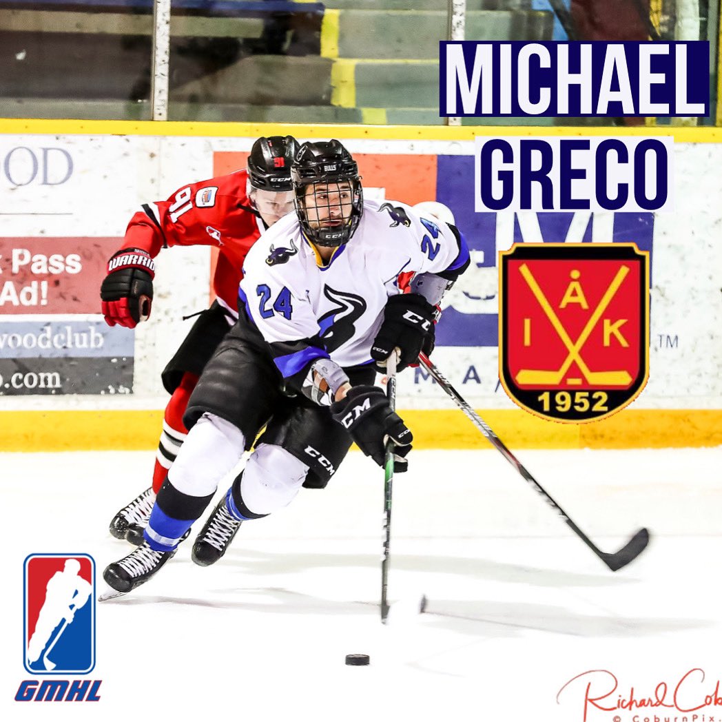 BullsJRAHockey's tweet photo. The Bradford Bulls are pleased to announce that 98' D Michael Greco has signed his first Pro Contract in Sweden with Ånge IK. Greco dawned the Bulls jersey this past season after a lengthy Jr career. We wish Michael all the best in his next chapter. #Advancement
📸 : Coburn Pix https://t.co/LvEnces1f1