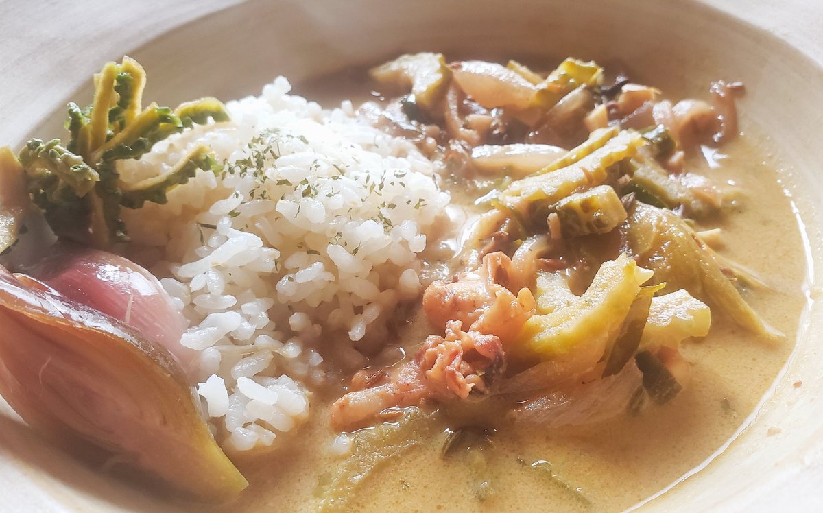 ট ইট র ボルサリーノ関 イカとゴーヤのココナッツカレー いろんなスパイスとナンプラーとココナッツミルクでタイカレー風 ココナッツミルクは金運食材 ちなみに牛乳は家庭運 豆乳は対人運upの飲み物です 最初作って美味しかったゴーヤのアチャール